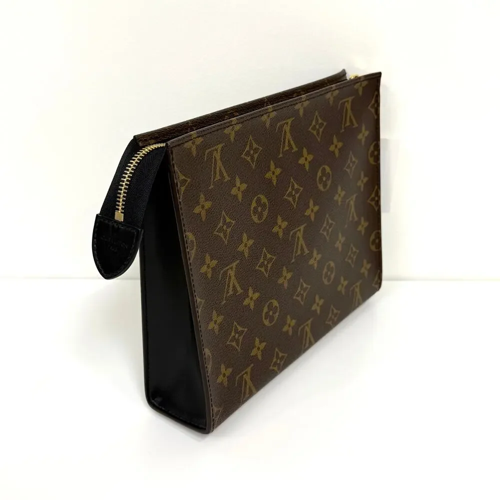 Louis Vuitton Monogram Canvas Brown Black Leather Poche Toilette Clutch Handbag